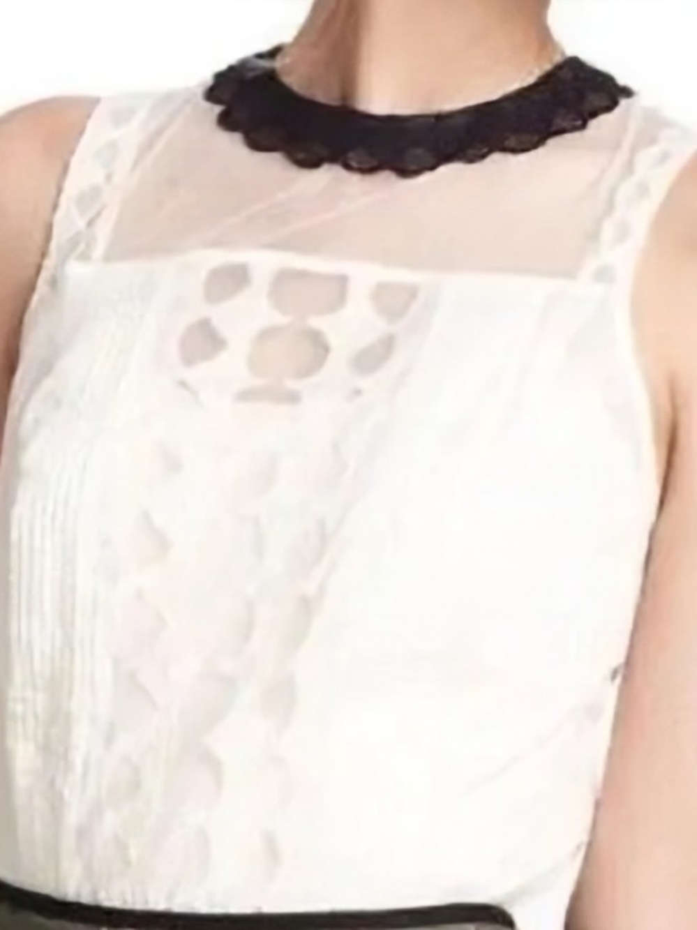 Anthropologie White Lace Sleeveless Dress with Black Scalloped Collar